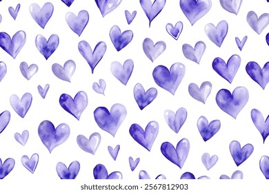 Purple watercolor hearts, soft pastel colors, romantic design, seamless pattern, perfect for stationery, love themes.