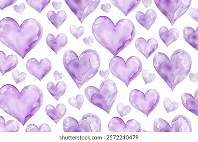 Purple watercolor hearts, soft pastel colors, romantic pattern design, seamless background texture, perfect for love themes.