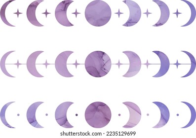 Purple watercolor moon phases shapes