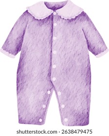 Purple Watercolor Romper for Baby Girl. Cute Hand Drawn Baby Cloth Clipart Isolated on White Background.