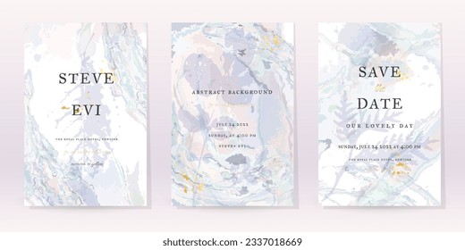 Purple Watercolor Set Vector Background. Flower Wedding Abstract Design. Gold Luxury Spray on Watercolor Marble Texture. Pastel Cold Tones Minimal Style. Frame Art For Prints and Invitations Cards.