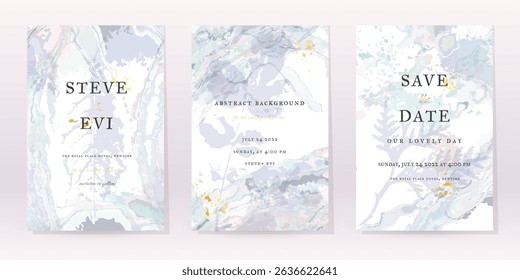 Purple Watercolor Set Vector Background. Flower Wedding Abstract Design. Gold Luxury Spray on Watercolor Marble Texture. Pastel Cold Tones Minimal Style. Frame Art For Prints and Invitations Cards.