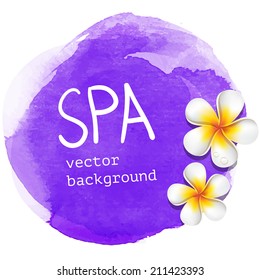 Purple watercolor spa vector background illustration with white asian exotic frangipani flowers
