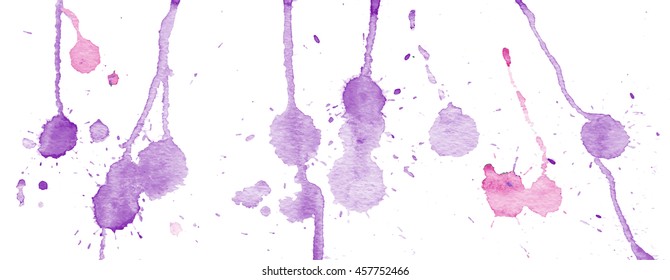 Purple watercolor splashes and blots on white background. Ink painting. Hand drawn illustration. Abstract artwork. 