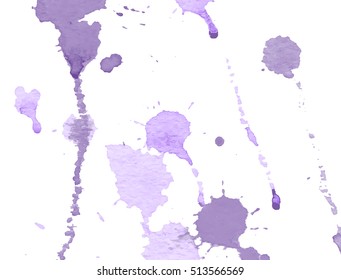 Purple watercolor splashes and blots on white background. Ink painting. Hand drawn illustration. Abstract watercolor artwork. 