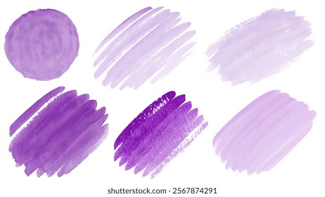 Purple watercolor swatches, artistic brush strokes, soft pastel tones, creative background elements, design inspiration.