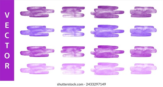 Purple watercolor vector brush strokes, scribbles, squiggles set. Violet, lilac text backgrounds collection. Hand drawn fire colors watercolour smears, smudges, banners. Aquarelle stains template