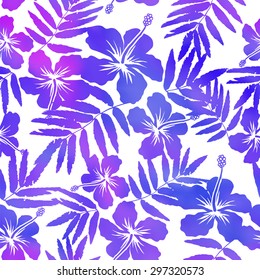 Purple watercolor vector hibiscus seamless pattern