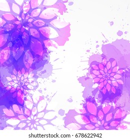 Purple watercolored background with abstract flower. Square shaped. 