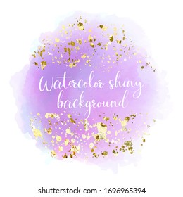 Purple watercolour stain in watercolor style on white background. Golden light decoration. Shiny magic star Abstract background isolated on white.