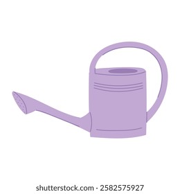 Purple watering can in flat cartoon design. Irrigation tool for domestic greenhouse plants, flower pots or garden work. Agriculture, horticulture and farming pouring instrument. Vector illustration