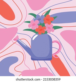 Purple Watering Can with Flower Bouquet on Colorful Abstract Background, Vector