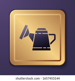 Purple Watering can icon isolated on purple background. Irrigation symbol. Gold square button. Vector Illustration