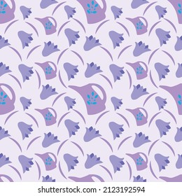 Purple watering can pattern with flowers. Fabrics, wrapping paper.