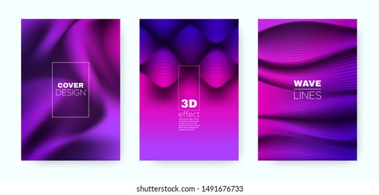 Purple Wave Poster. Abstract Cover. Vibrant Dynamic Illustration. Magenta 3d Geometric Halftone Texture. Wave Poster. Design Cover. Dynamic Brochure. Fluid Poster. Purple Illustration.