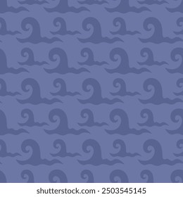 Purple wave. Tsunami. Sea storm. Repeating vector pattern. Isolated lilac background. Flat style. Seamless endless ornament. Raging water. Water swirl. Idea for web design.