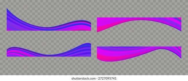 Conjunto de bordes ondulados púrpura. Curvas de fluidos de degradado, pies de página de separador de ondas para encabezado de Web, anuncios y redes sociales. Ilustración vectorial editable.