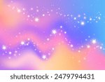 Purple wavy gradient sky. Pink and blue galaxy night. Starry vector space background. Bright colored fantasy universe with sparkles. Magic holographic fluid vibrant illustration of cosmos