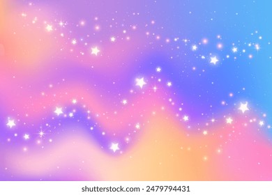 Purple wavy gradient sky. Pink and blue galaxy night. Starry vector space background. Bright colored fantasy universe with sparkles. Magic holographic fluid vibrant illustration of cosmos