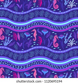 Purple wavy sea pattern with sea horses and algae. 