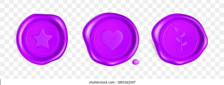 Purpurwachs-Siegel mit Herz, Ast und Stern. Stempelwachs-Siegel mit Herz, Ast und Stern einzeln auf transparentem Hintergrund. Violette Briefmarken für eine Postkarte, eine Einladungskarte für die Hochzeit. Realistische 3D-Vektorgrafik