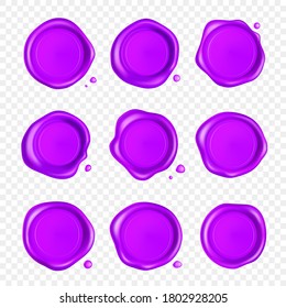 Purple wax seal set. Wax seal stamp set with drops isolated on transparent background. Realistic guaranteed purple stamps. Realistic 3d vector illustration
