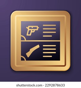 Icono de catálogo de arma morada aislado en fondo morado. Armamento policial o militar. Un pequeño arma de fuego. Botón cuadrado de oro. Vector