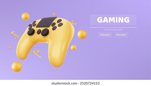 Purple web banner with flying yellow video game console control joystick, text and button. Realistic 3d vector background with computer game hand electronic joypad and player remote controller.