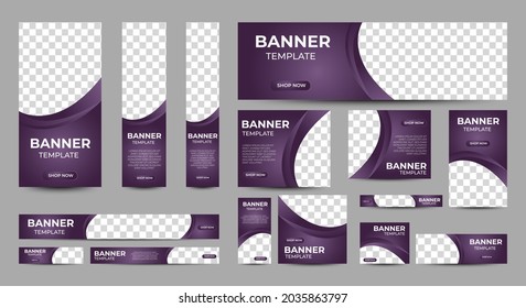Purple Web banners templates, standard sizes with space for photo, modern design. Easily customizable with Brochures, Annual Reports, Magazines, Posters, Corporate Advertising Media, Flyers
