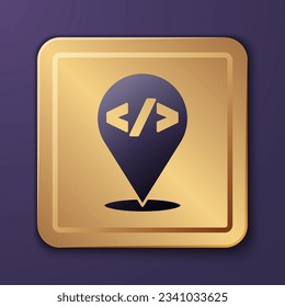 Diseño Web púrpura e icono de desarrollo frontal aislado en fondo morado. Botón cuadrado de oro. Vector