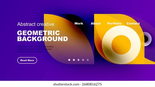 Die violette Kopfzeile der Website zeigt geometrische Formen, Text und Navigationsoptionen an. Modernes Design fördert Kreativität, Informationszugang.