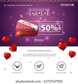 Purple website template with Valentine's Day design with gift and strawberry