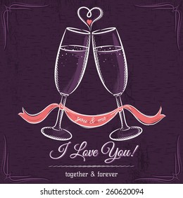 purple wedding card with two glass of wine and wishes text,  vector illustration