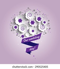 purple wedding invitation card with bouquet of flowers