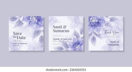 Purple wedding invitation template with beautiful watercolor flower