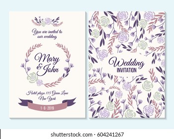 Purple Wedding invitation, thank you card, save the date card with flowers, rose, leaf, branch on white background. Elegant hipster rustic wedding invitation. Boho style.