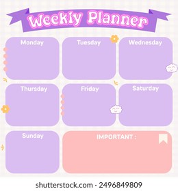 Purple Weekly Planner, organize your schedule with fun style and color! Log all your activities and stay organized throughout the week.