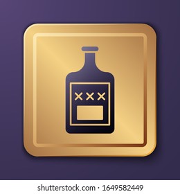 Purple Whiskey bottle icon isolated on purple background. Gold square button. Vector Illustration