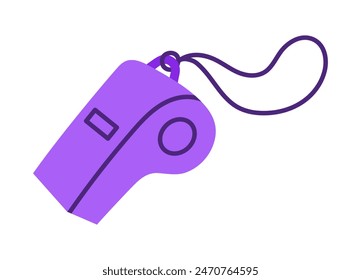 Purple whistle vector icon. Plastic equipment for sports, football, fitness. Sound blowing tool, whistle on a string. Accessory for trainer, police, referee. Hand drawn doodle, cartoon clipart