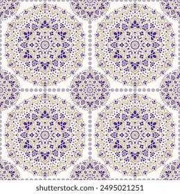 Patrón sin costuras morado, blanco y beige con adorno de mandala. Motivos tradicionales árabes e indios. Ideal para tela y textil, Fondo de pantalla, embalaje o cualquier idea deseada.