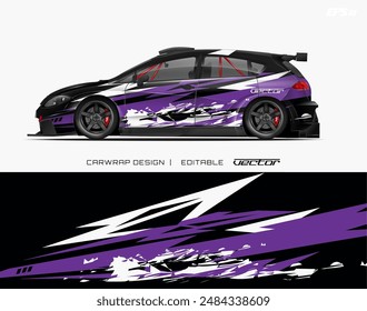 Diseño de envoltura de coche púrpura, blanco y negro con gráficos de Vector editables. Perfecto para transformar un vehículo con un aspecto moderno y audaz.