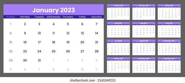 Plantilla de calendario morado y blanco 2023 con semana comienza el domingo. Muros de cristal de estilo minimalista. Planificador mensual del ciclo. Cuadrícula horizontal. Organizador de la agenda. Ilustración del vector