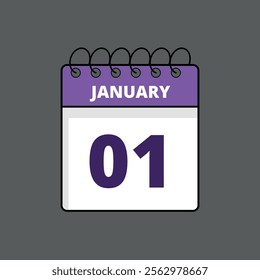 Purple and white calendar flat icon with specific day marking January 1st, calendar icon day 01.