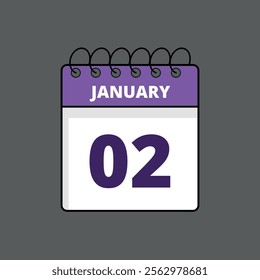 Purple and white calendar flat icon with specific day marking January 2st, calendar icon day 02.