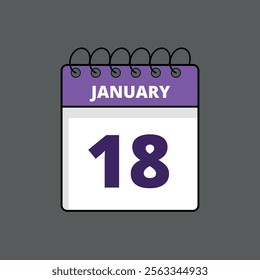 Purple and white calendar flat icon with specific day marking January 18st, calendar icon day 18.