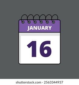 Purple and white calendar flat icon with specific day marking January 16st, calendar icon day 16.