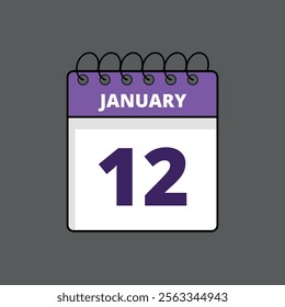 Purple and white calendar flat icon with specific day marking January 12st, calendar icon day 12.