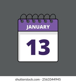 Purple and white calendar flat icon with specific day marking January 13st, calendar icon day 13.