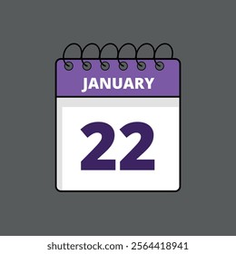 Purple and white calendar flat icon with specific day marking January 22st, calendar icon day 22.