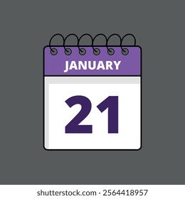 Purple and white calendar flat icon with specific day marking January 21st, calendar icon day 21.